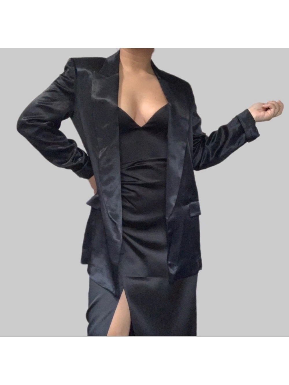 ZARA BLACK TURNED-UP CUFF SATIN EFFECT BLAZER - Picture 6 of 13